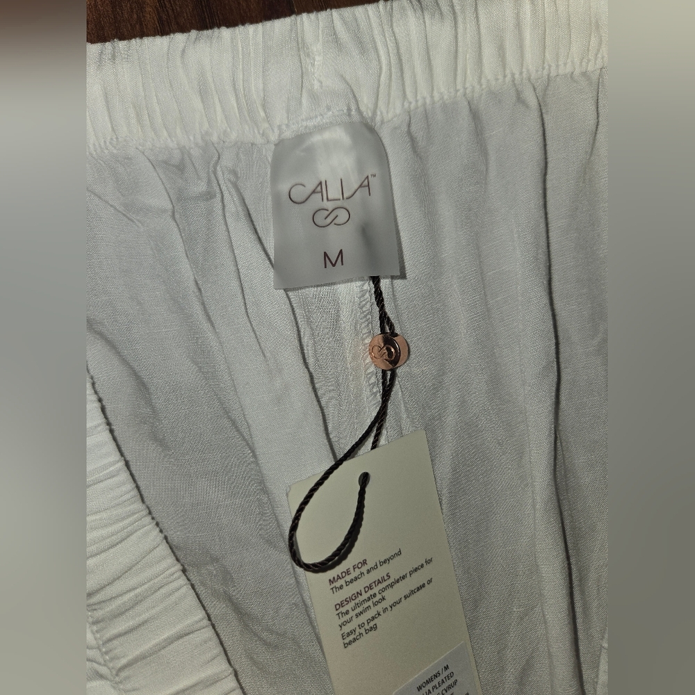 Calia NWT Linen Blend Pleated Wide Leg Beach Coverup Medium White Pants - Picture 4 of 9